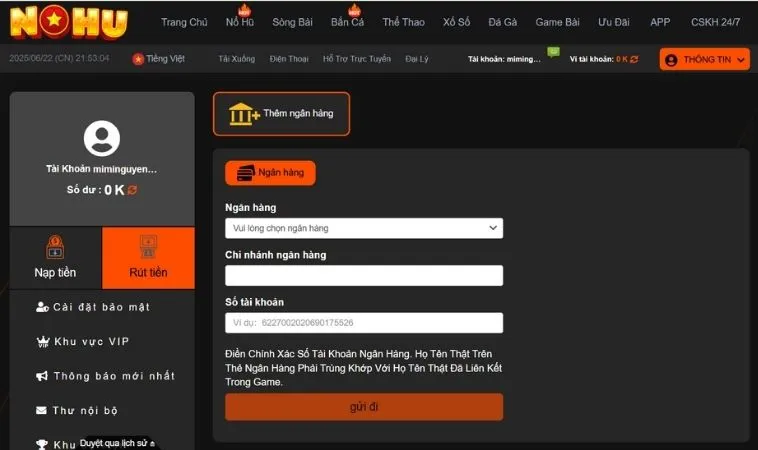 Rút Tiền Nohu90 Nhanh Chóng An Toàn Cho Người Chơi 2 Giao diện rút tiền Nohu90a
